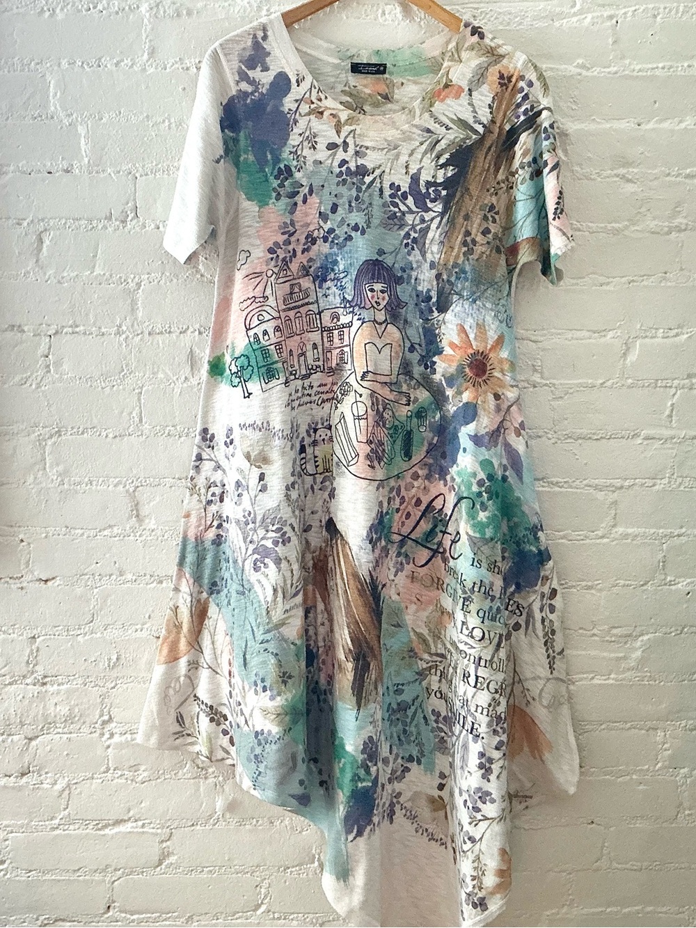 Inoah Art To Wear Whimsical Asymmetrical Maxi T-Shirt Dress Boho Funky Artsy M